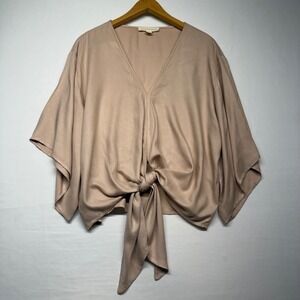 Lovestitch Tie Front Kimono Sleeve Blouse Boho Crop Top Taupe Rayon Size L